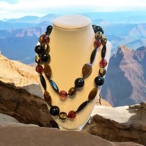 Vintage 1970s Acrylic Statement Necklace-Amber Brown Black Red-Hand Knotted-40''